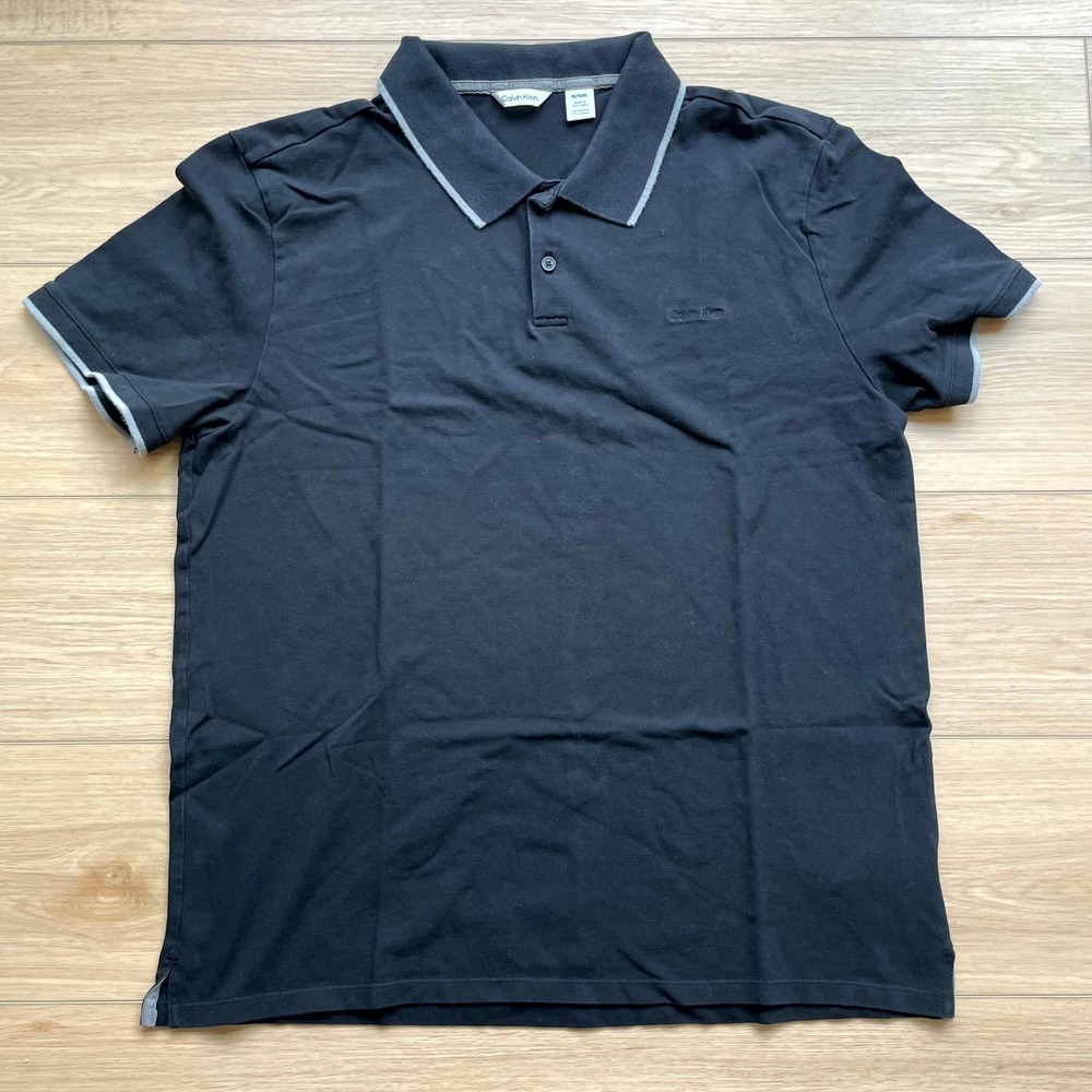 Calvin Klein Mens XL Black Pique Polo Shirt Short Sleeve Tipped Collar Logo